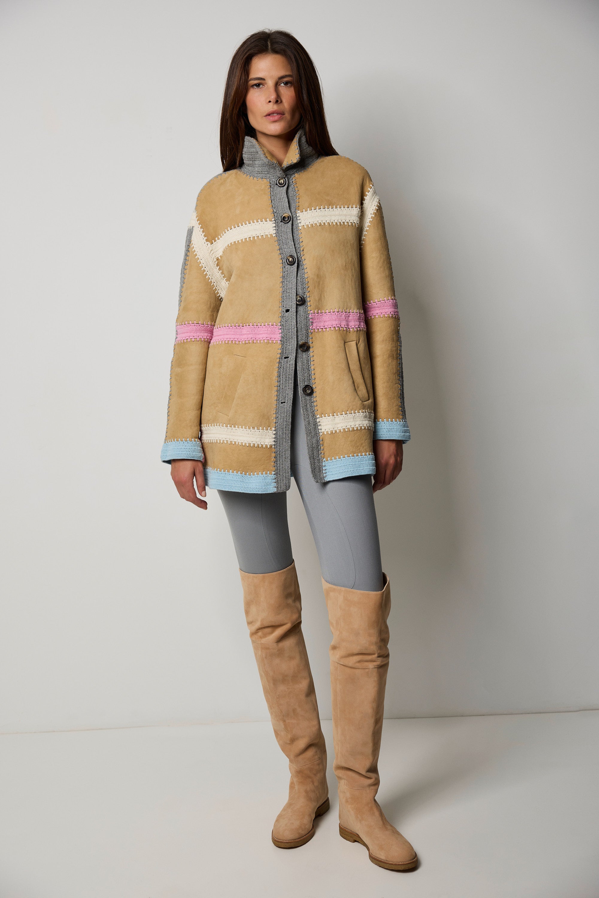 Embroidered sheepskin pea coat
