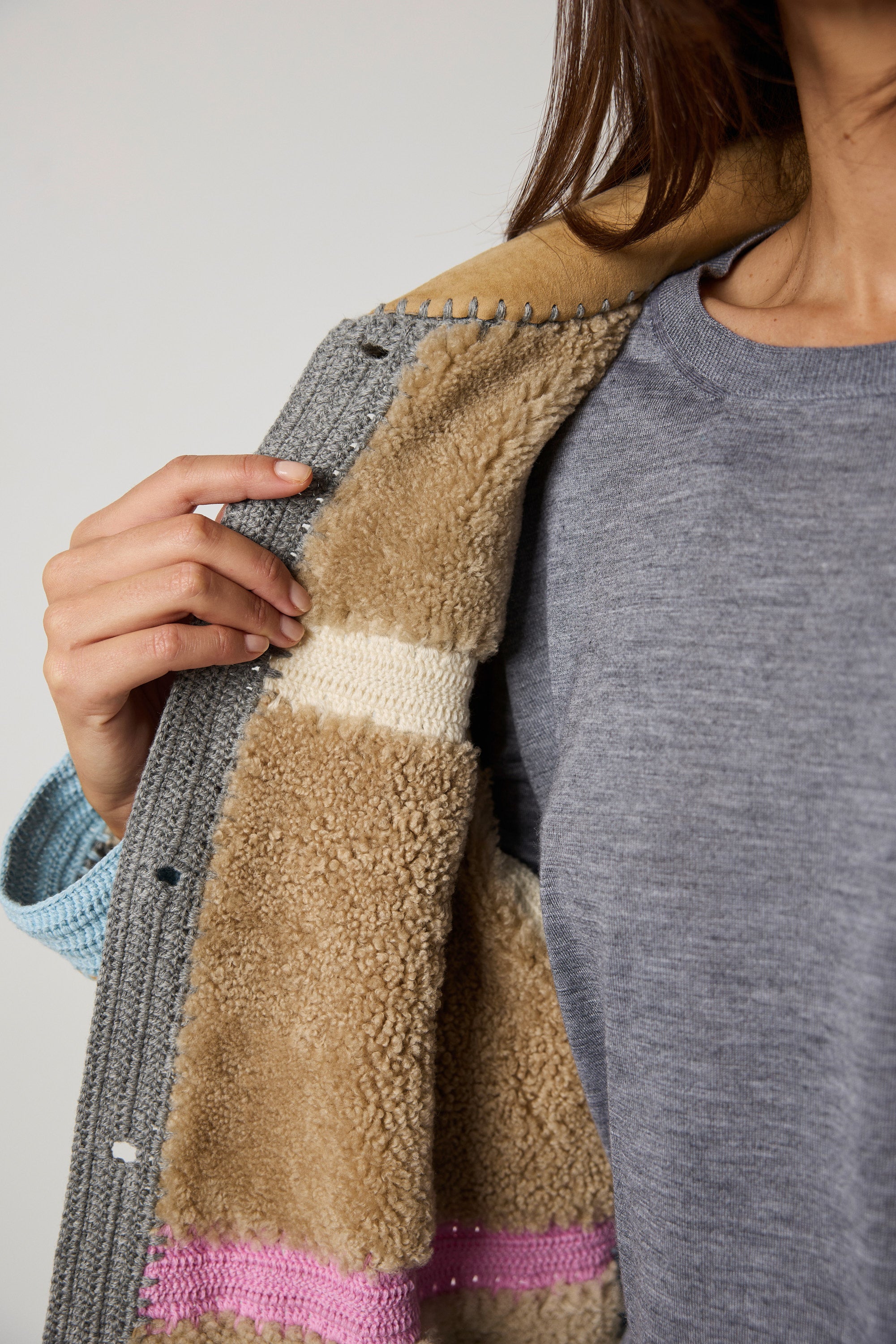 Embroidered sheepskin pea coat