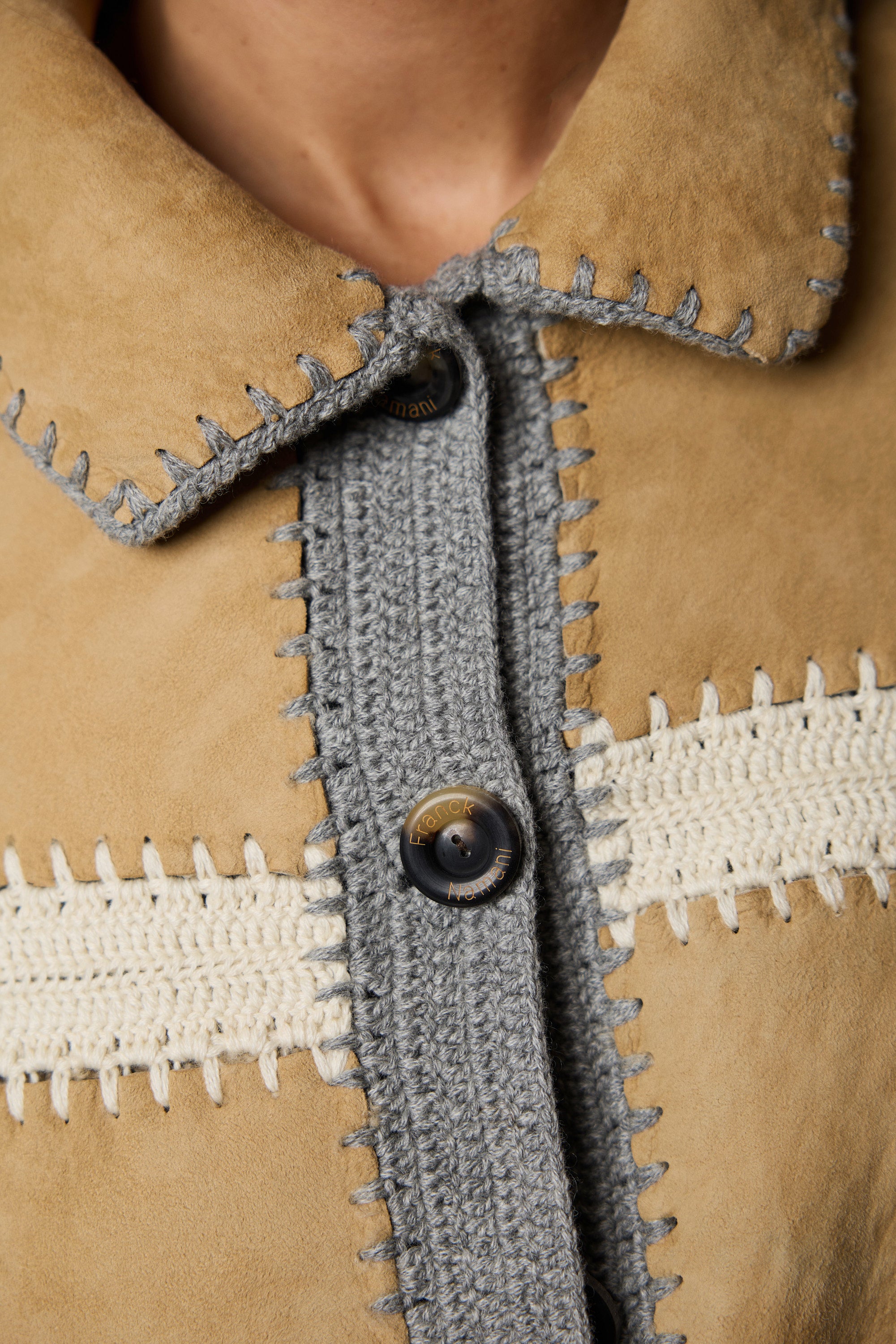 Embroidered sheepskin pea coat