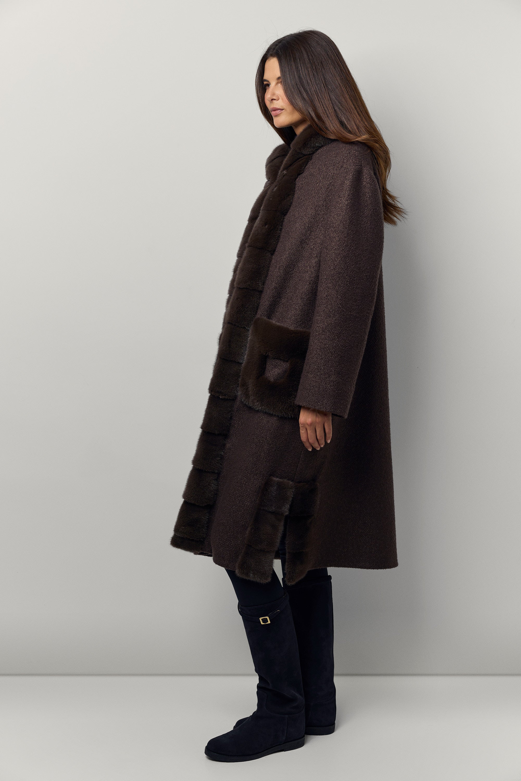 Manteau en cachemire et vison à capuche