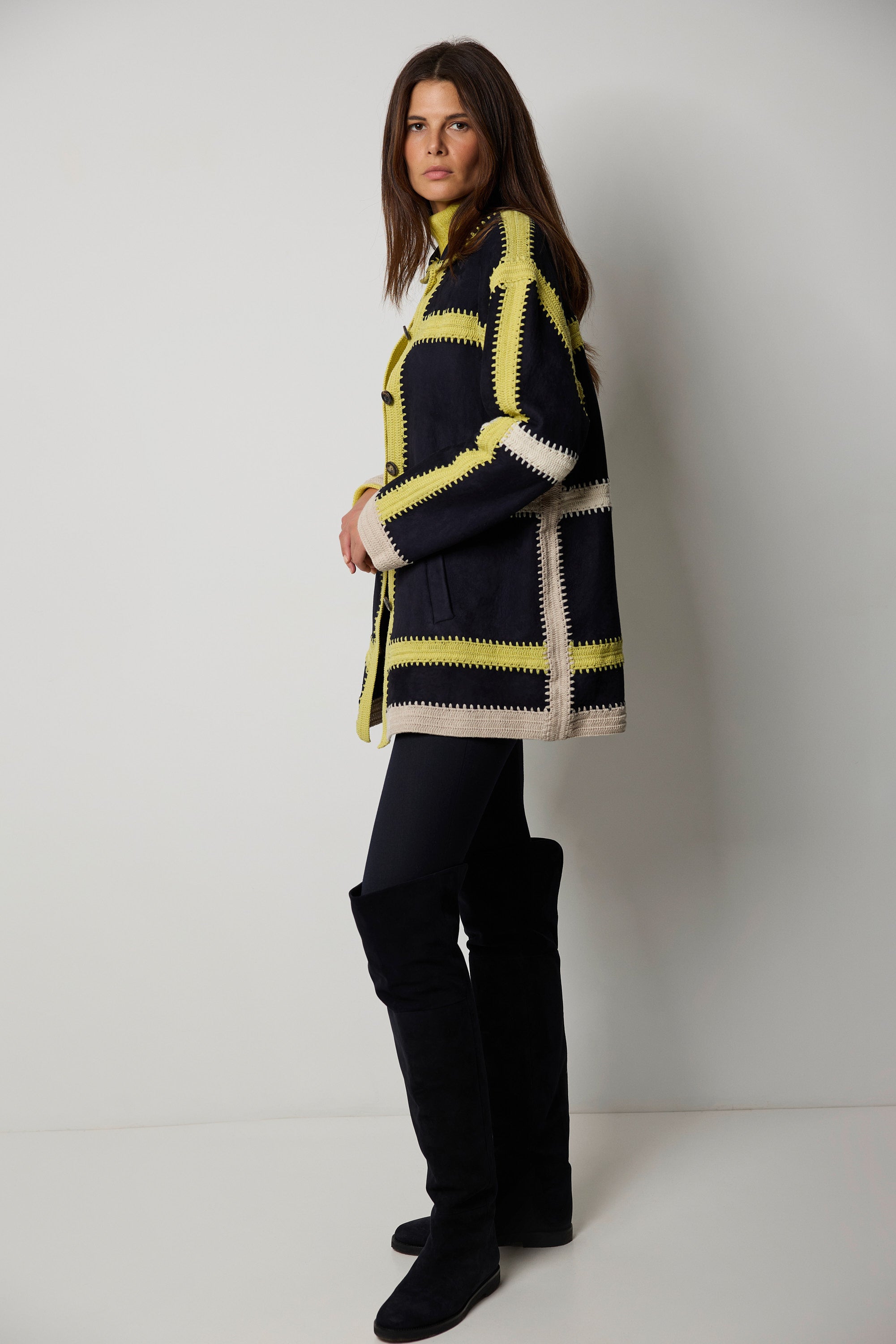 Embroidered sheepskin pea coat