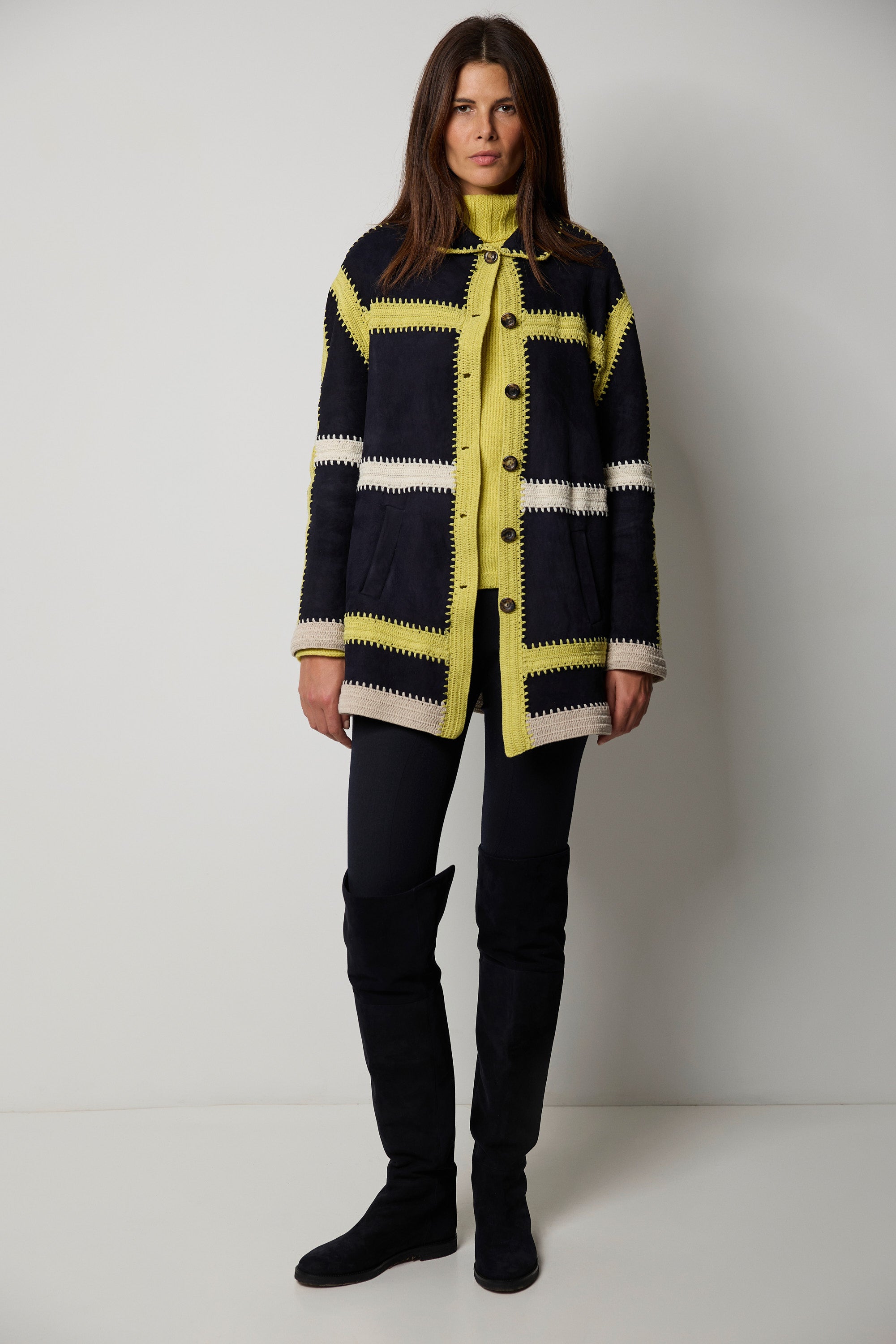 Embroidered sheepskin pea coat