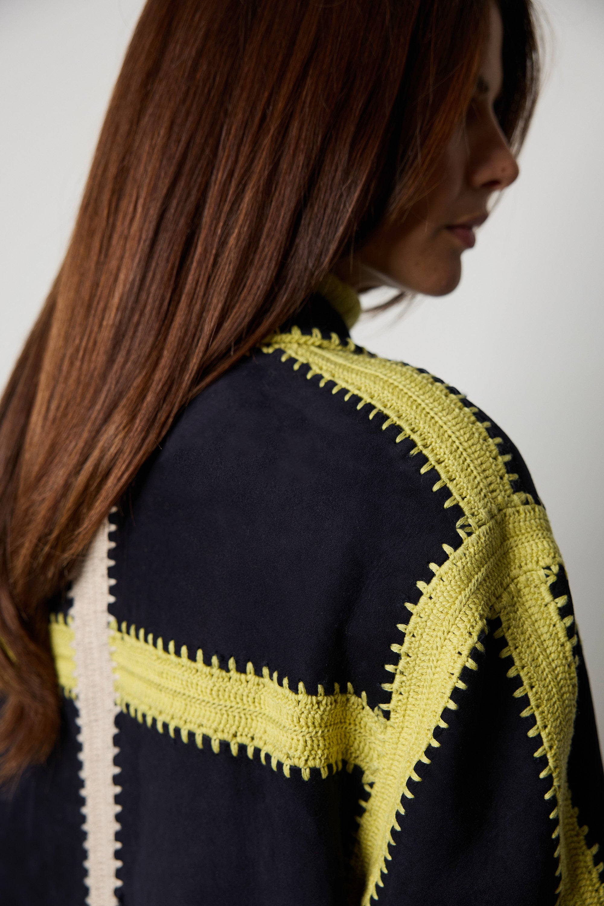Embroidered sheepskin pea coat