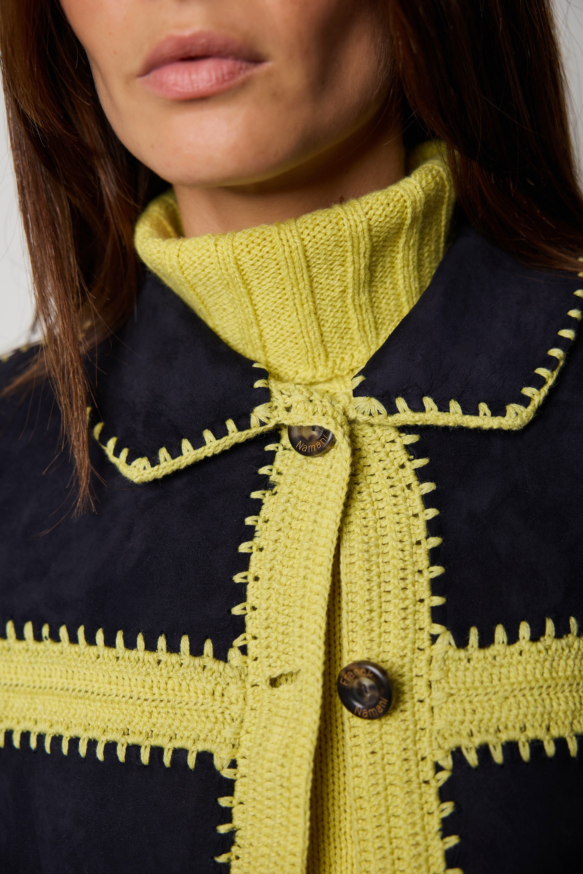Embroidered sheepskin pea coat