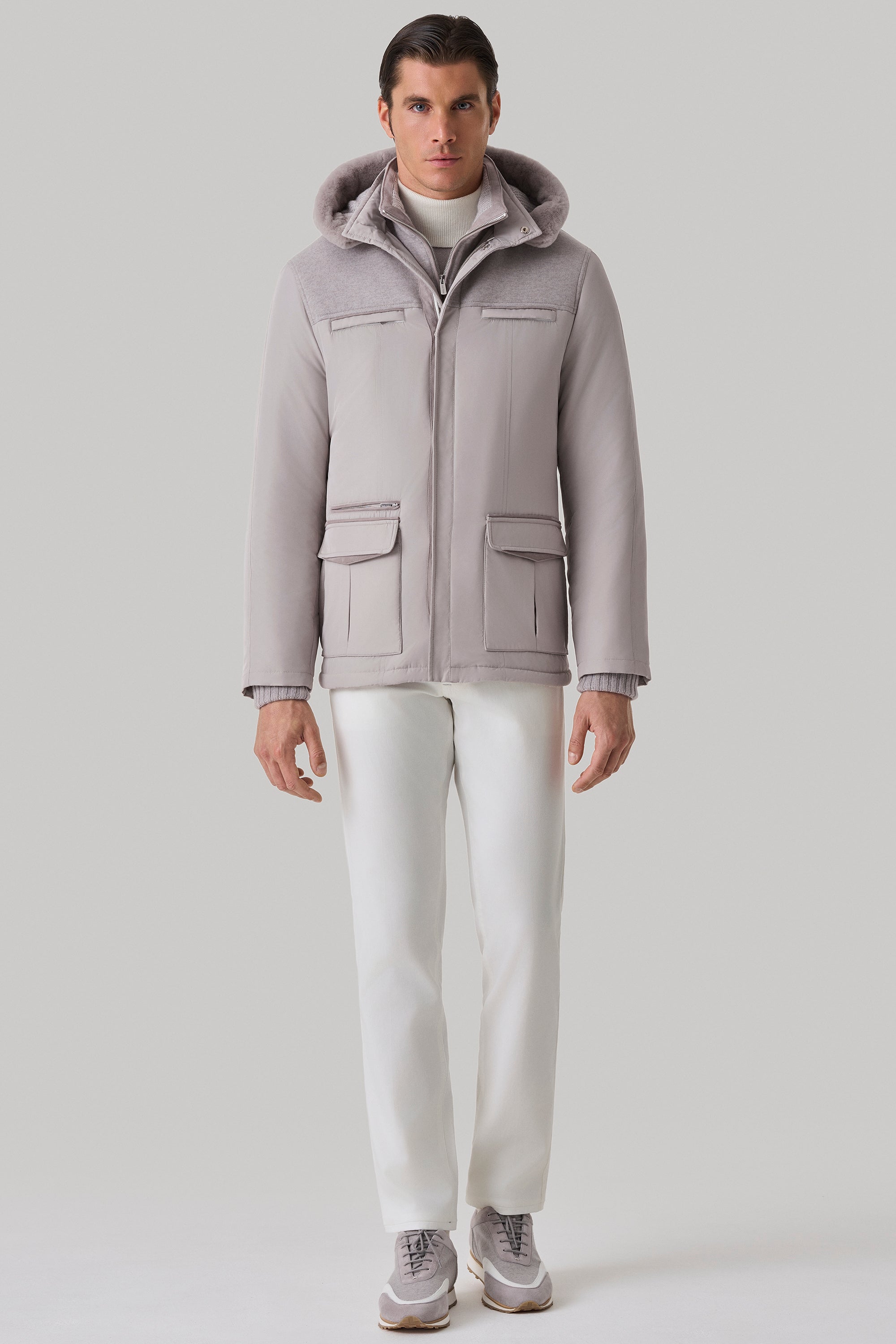 Parka Elvis en silk nylon ultra-light avec empiècement en ultimum cachemire