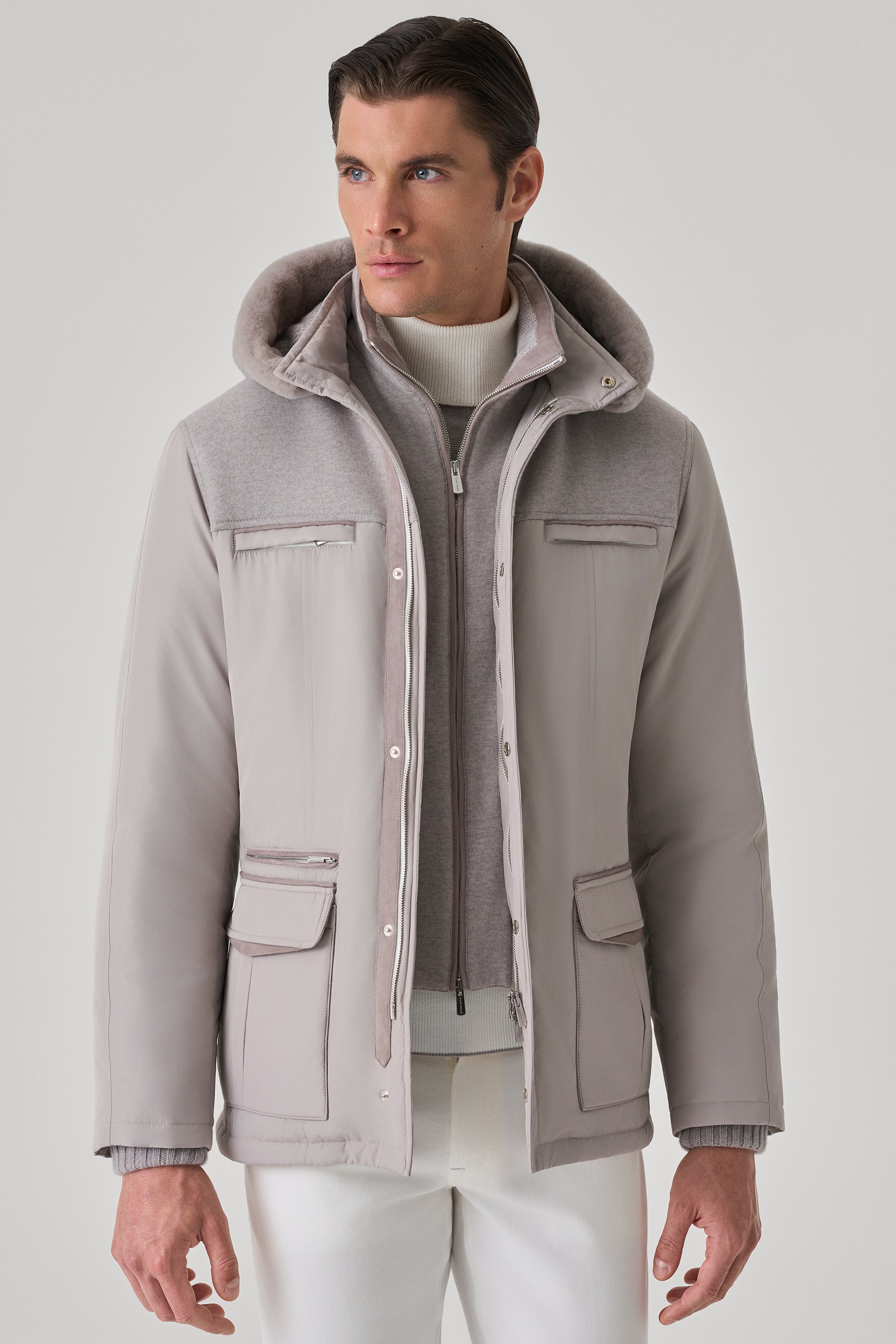 Parka Elvis en silk nylon ultra-light avec empiècement en ultimum cachemire