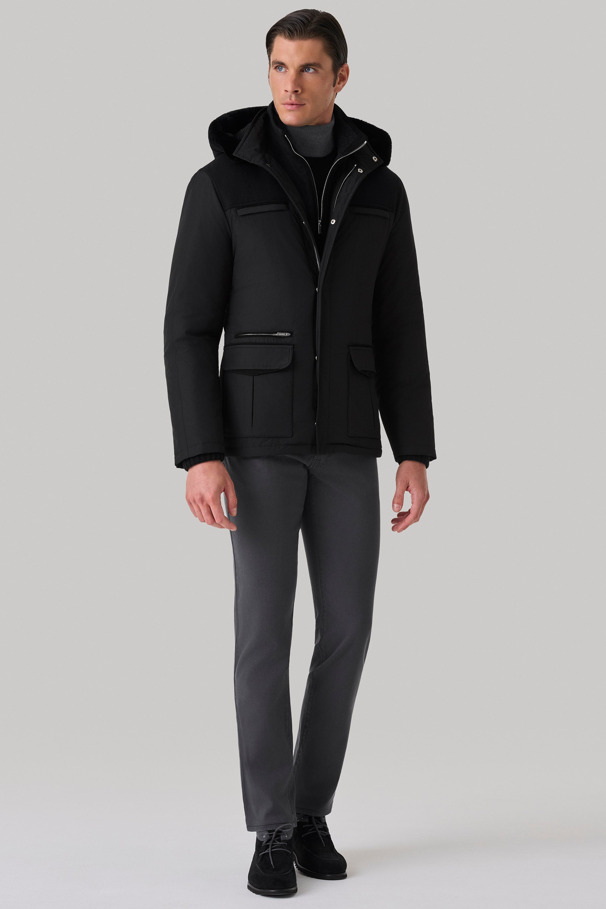 Parka Elvis en silk nylon ultra-light avec empiècement en ultimum cachemire