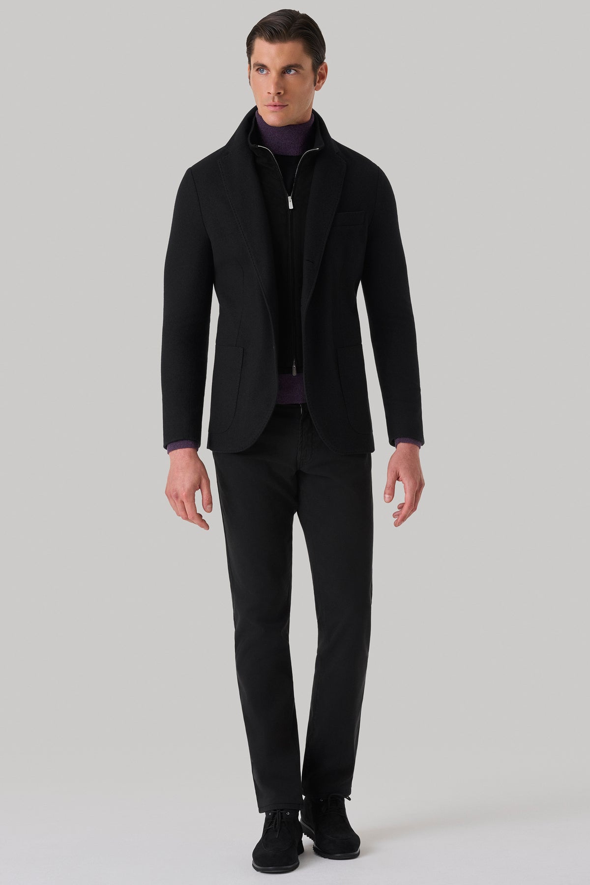 Veste en ultimum cachemire felt et plastron en suède