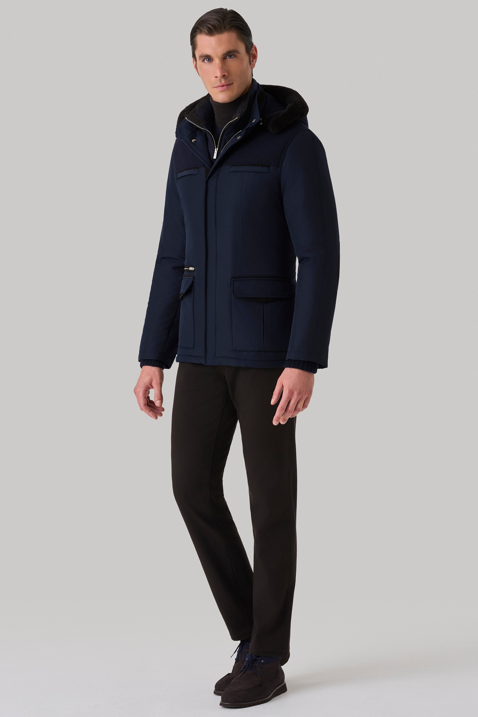 Parka Elvis en silk nylon ultra-light avec empiècement en ultimum cachemire