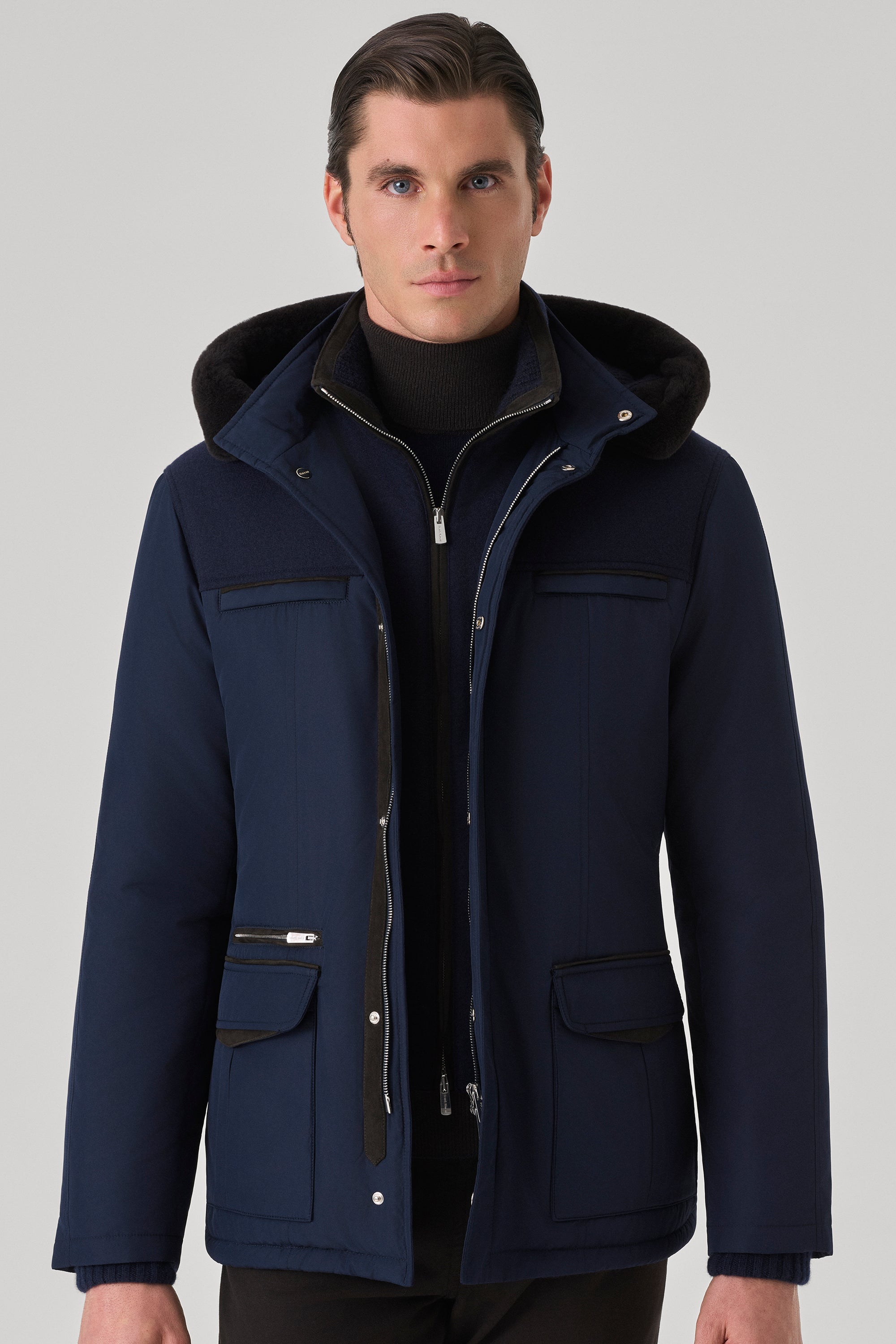 Parka Elvis en silk nylon ultra-light avec empiècement en ultimum cachemire