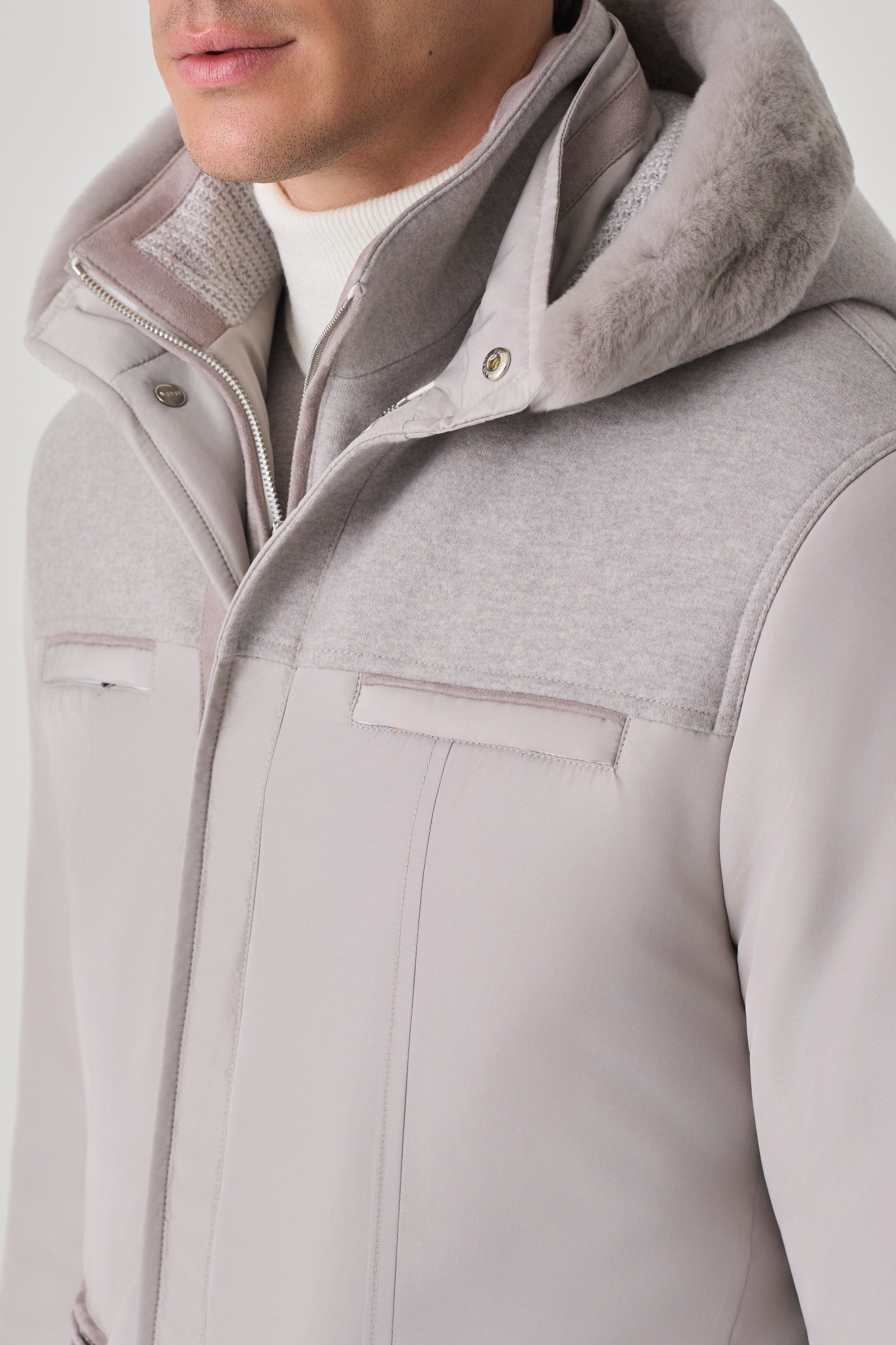 Parka Elvis en silk nylon ultra-light avec empiècement en ultimum cachemire