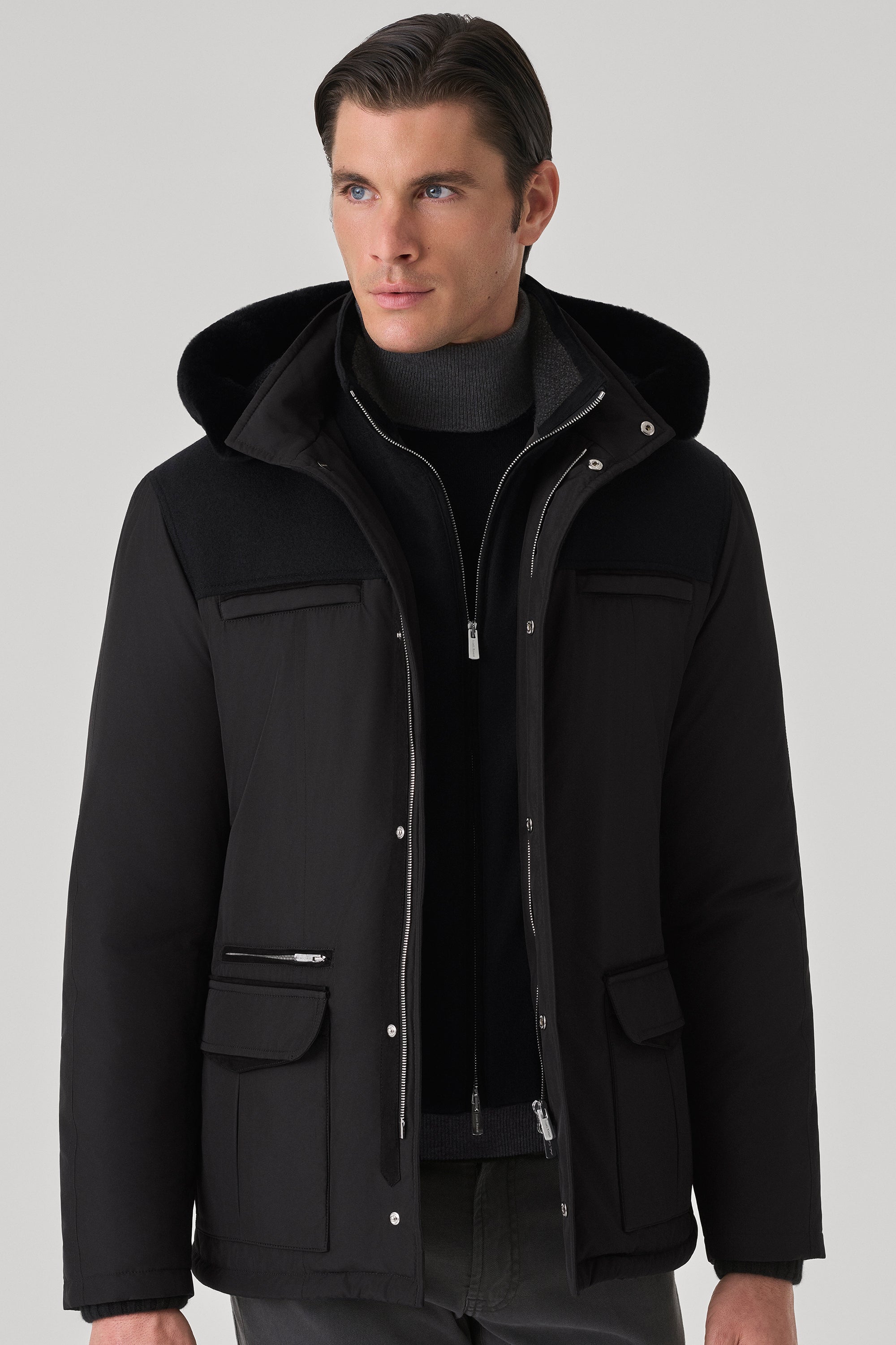 Parka Elvis en silk nylon ultra-light avec empiècement en ultimum cachemire